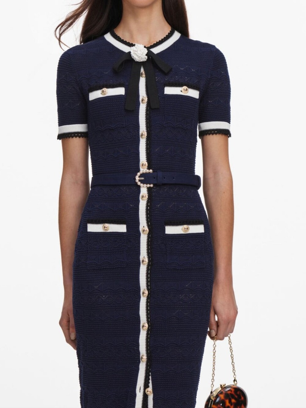 Self Portrait Navy Pointelle Knit Midi Dress - Picture 4 of 14